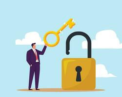 Golden key to unlock, solve business problem, professional to give solutions, success business key or unlock business accessibility concept vector