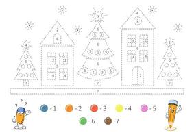 Coloring page with houses and Christmas trees for kids. Tracing contours, color by number, handwriting practice. Dashed lines. Vector illustration