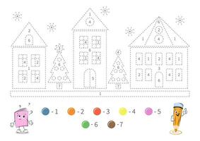 Coloring page with houses and Christmas trees for kids. Tracing contours, color by number, handwriting practice. Dashed lines. Vector illustration