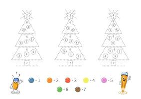 Coloring page with cute Christmas tree for kids. Tracing contours, color by number, handwriting practice. Dashed lines. Vector illustration
