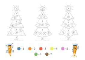 Coloring page with cute Christmas tree for kids. Tracing contours, color by number, handwriting practice. Dashed lines. Vector illustration