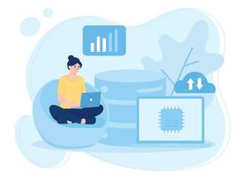 a woman backing up big data on a laptop  concept flat illustration vector