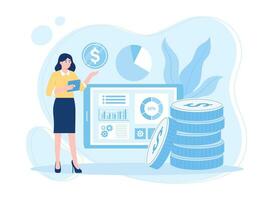 a woman with modern financial services. tablets to invest in companies concept flat illustration vector