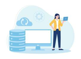 woman with laptop is backing up cloud database concept flat illustratiuon vector