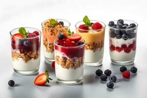 AI generated Healthy breakfast, natural yogurt with fresh berries and muesli. Neural network AI generated photo