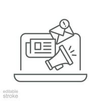 News content icon. Simple outline style. Media announce, newsletter update, digital press, coverage, laptop with megaphone concept. Thin line symbol. Vector illustration isolated. Editable stroke.