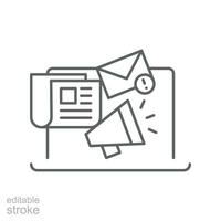 Noticias contenido icono. sencillo contorno estilo. medios de comunicación anunciar, Boletin informativo actualizar, digital prensa, cobertura, ordenador portátil con megáfono concepto. Delgado línea símbolo. vector ilustración aislado. editable ataque.