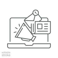 Noticias contenido icono. sencillo contorno estilo. medios de comunicación anunciar, Boletin informativo actualizar, digital prensa, cobertura, ordenador portátil con megáfono concepto. Delgado línea símbolo. vector ilustración aislado. editable ataque.