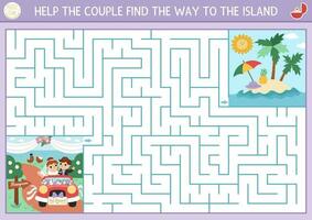 Wedding maze for kids with bride and groom going to honeymoon. Marriage ceremony preschool printable activity. Matrimonial labyrinth game, puzzle. Help couple find the way to the island vector