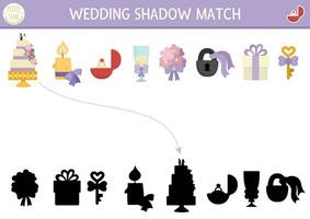 Boda sombra pareo actividad con linda novia y novio simbolos matrimonio ceremonia rompecabezas con pastel, vela, anillo, ramo. encontrar correcto silueta imprimible hoja de cálculo o juego para niños vector