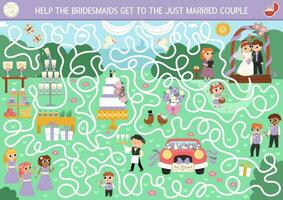 Wedding maze for kids with bride, groom, cake, guests. preschool printable activity with marriage ceremony scene. Matrimonial labyrinth game, puzzle. Help bridesmaids get to just married couple vector