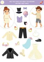 Marriage ceremony matching activity with cute bride, groom and their clothes. Match the objects game. Help the couple get ready for wedding and find their things. Match up printable worksheet vector