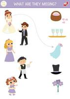 Wedding matching activity with cute bride, groom and guests. Marriage ceremony puzzle. Match the objects game. What they missing printable worksheet. Match up page with veil, glasses, bouquet vector