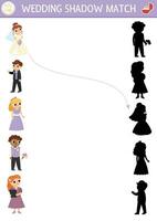 Wedding shadow matching activity with bride, groom and their guests. Marriage ceremony puzzle with cute just married couple. Find correct silhouette printable worksheet or game for kids vector