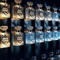 wall of frosted perfume bottles. They are stacked on top of eachother and side by side , generated by AI photo