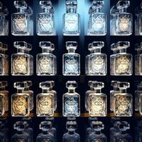 wall of frosted perfume bottles. They are stacked on top of eachother and side by side , generated by AI photo