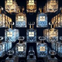 wall of frosted perfume bottles. They are stacked on top of eachother and side by side , generated by AI photo