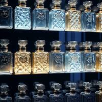 wall of frosted perfume bottles. They are stacked on top of eachother and side by side , generated by AI photo