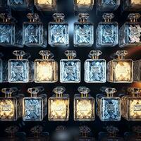 wall of frosted perfume bottles. They are stacked on top of eachother and side by side , generated by AI photo