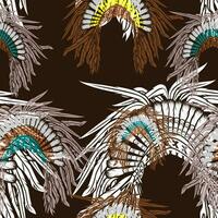 Editable Vector of Front View Native American Headdresses Illustration in Various Colors as Seamless Pattern With Dark Background for Traditional Culture and History Related Design