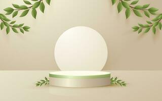 Round podium product scene and leaves with soft cream background for cosmetic product presentation mockup show vector