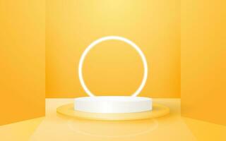 3d scene pastel yellow and white round podium background with circle neon lights perfect for event promotion cosmetic product presentation mockup vector