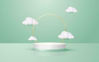 3d scene pastel green background round podium with gold circle and clouds perfect for event promotion cosmetic product presentation mockup vector