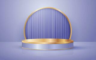 3d scene purple luxury gold pastel round podium with round curtain background for cosmetic product presentation mockup show, showcase, promotion display vector