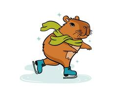 Cute capybara is ice skating. Vector illustration flat style