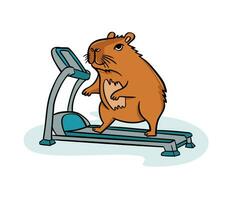 A cute capybara on a treadmill. Vector illustration flat style