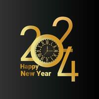 2024 Golden Luxury Logo Lettering Happy New Year 2024 With Clock Greetings vector