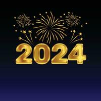 golden 2024 new year 3d text effect with  fireworks 2024 holiday celebrations background vector
