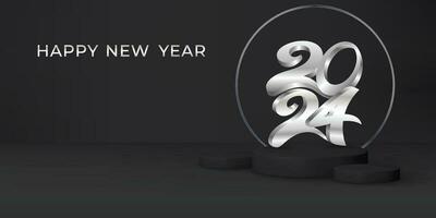 3d 2024 happy new year text effect design on black 3d Podium background vector