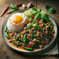 AI generated Basil minced pork with fried Egg with rice. Generative AI. photo