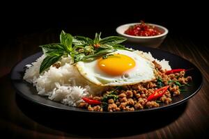 AI generated Basil minced pork with fried Egg with rice. Generative AI. photo