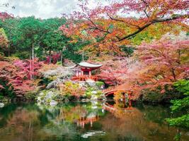 Beautiful and multi colors of maple trees at Daigoji temple with pond on bight blue sky background. Daigoji temple is the one  important Japanese temple of the Shingon sect of Japanese Buddhism. photo