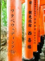 KYOTO City, JAPAN, 2015 - Closeup red wooden poles of Torii gates at Fushimi Inari Shrine in Kyoto, Japan. This is Shinto shrine and one of the most popular tourist destinations in Japan. photo