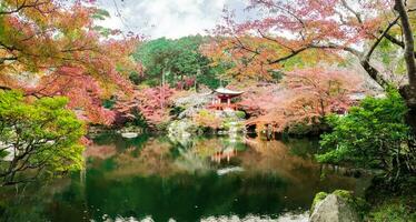 Beautiful and multi colors of maple trees at Daigoji temple with pond on bight blue sky background. Daigoji temple is the one  important Japanese temple of the Shingon sect of Japanese Buddhism. photo