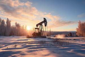 AI generated Oil field with an oil pumping station in the snow in winter. Generated by artificial intelligence photo