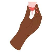 African American Black female hand holds menstrual cup. Feminine hygiene. Menstruation concept. Vector