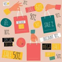 Set with Female hands hold shopping bag for sale. Discound Badges and labels. Shopping concept for banner. Vector