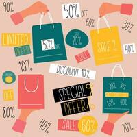 Set with Female hands hold shopping bag for sale. Discound labels with various percents. Vector