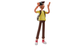 3D illustration. Cool Boy 3D cartoon character. A guy works as a photographer. The photographer is directing the person he is photographing. Guy holding camera. 3D cartoon character png