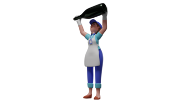 3D illustration. Waiter 3D cartoon character. The barmaid holding up the black bottle. The waiter performs the attraction and will pour drinks in bottles to the guests. 3D cartoon character png