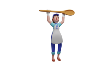 3D illustration. Cheerful Chef 3D cartoon character. Chef lifted a giant wooden spoon with both hands. Beautiful chef who smiles happily. Young chef wearing a white apron. 3D cartoon character png