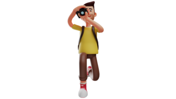 3D illustration. Tourist 3D cartoon character. Tourist take photos of any objects he encounter on the road. A young tourist is kneeling while taking a photo using his camera. 3D cartoon character png