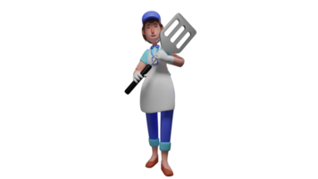 3D illustration. Restaurant Chef 3D cartoon character. Chef brings a giant spatula that he will use for big cooking. The beautiful young chef always spreads a happy smile. 3D cartoon character png