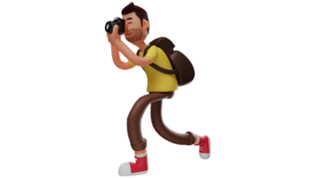 3D illustration. Handsome photographer 3D cartoon character. A photographer who is taking a photo of something using his camera. Young photographer doing his job. 3D cartoon character png