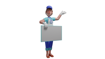 3D illustration. Friendly Waiter 3D cartoon character. The waiter stands while inviting someone to enter the restaurant. Beautiful waitress holding a white board. 3D cartoon character png