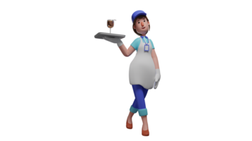 3D illustration. Graceful Waiter 3D cartoon character. The waiter walked around while carrying a tray containing a glass of drink. Waiter with a casual appearance. 3D cartoon character png